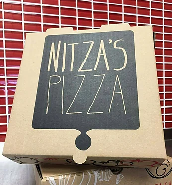 Nitza's Pizza box with the chalkboard logo