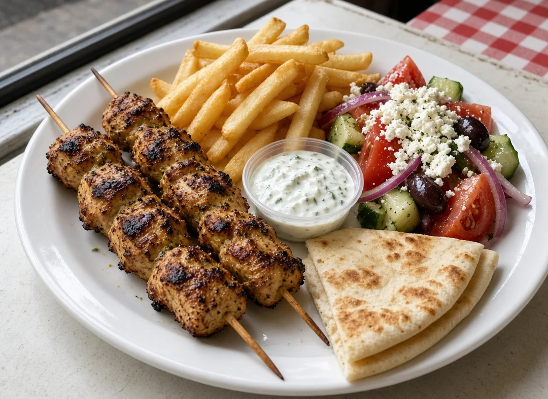 Chicken souvlaki plate with two grilled chicken skewers, fries, Greek salad, tzatziki and pita