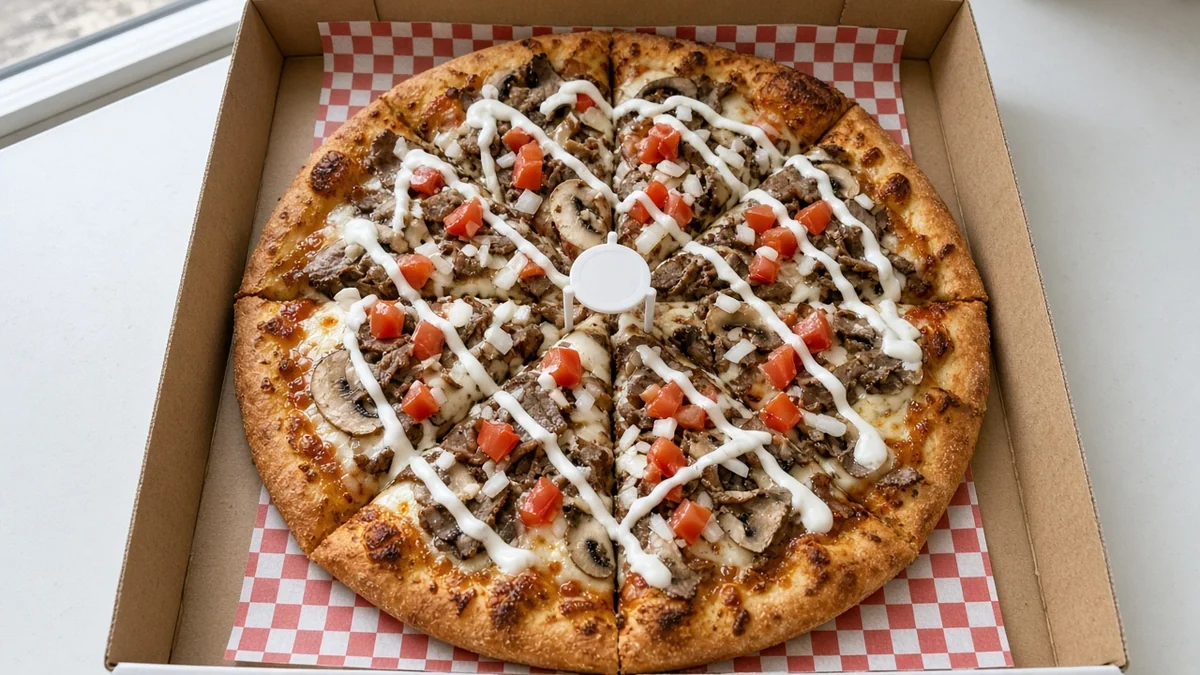 Loaded donair pizza with donair beef, mushrooms, onions, diced tomatoes and sweet donair sauce in an open pizza box